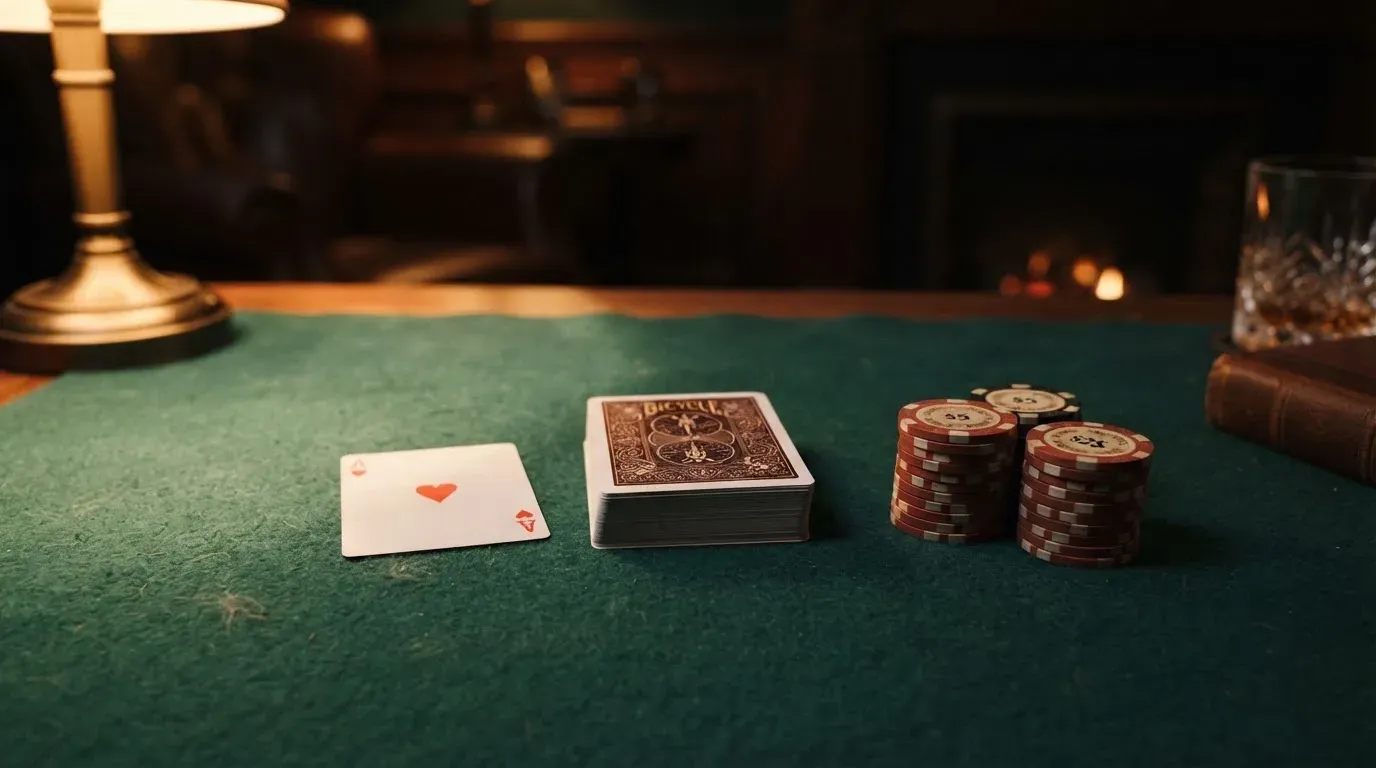 Kortlek och staplar av spelmarker på ett grönt filtbord i en dunkel salong, varmt lampsken — 10 euro casino i sverige