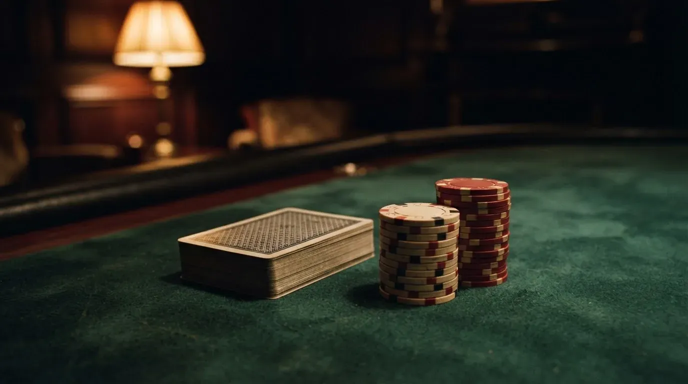 Kortlek och staplar av spelmarker på ett grönt filtbord i en dunkel salong, varmt lampsken — 10 free spins casino i sverige