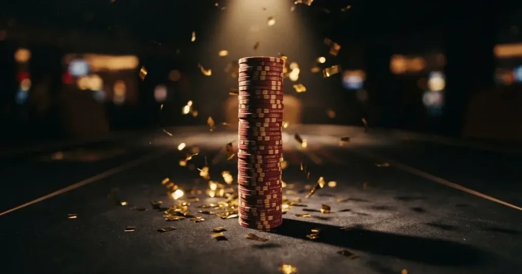Guldkonfetti faller över spelmarker på ett svart bord, en ljuskägla träffar högens topp — 10 free spins casino i sverige