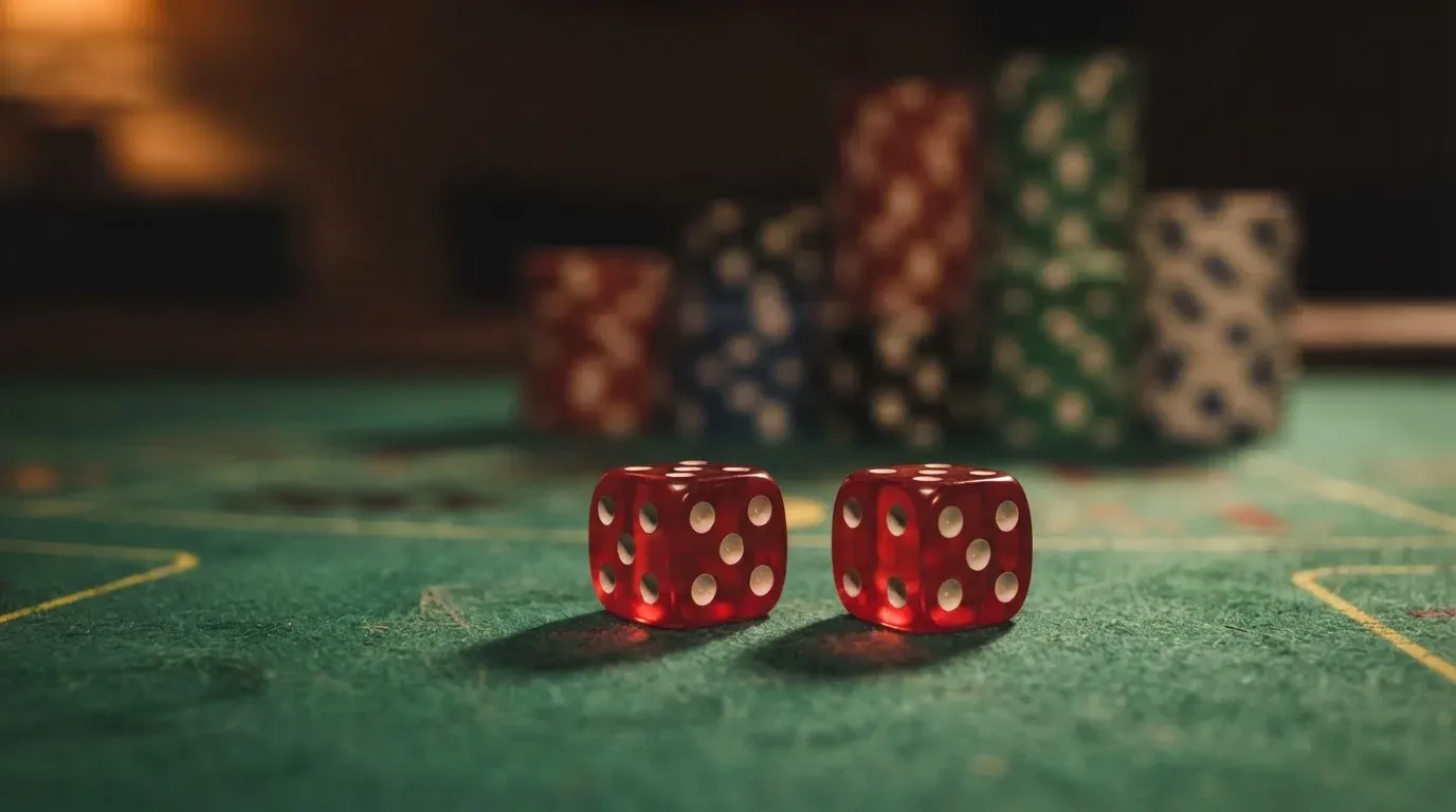 Röda tärningar vilar på grönt filt, bakom dem suddiga torn av spelmarker i kvällsdunklet — 10 kr casino i sverige