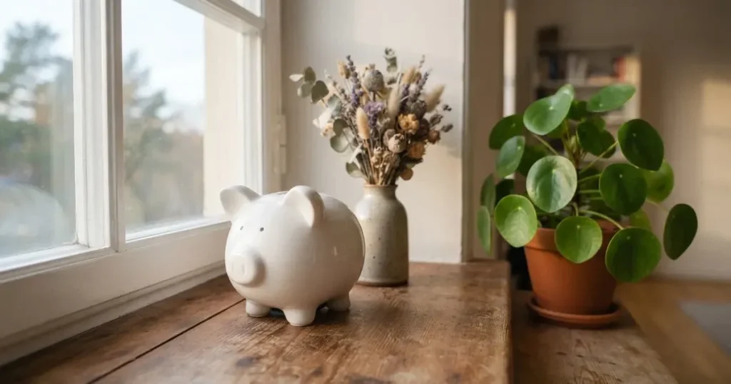 En porslinsgris på fönsterbrädan i morgonljus, bredvid en torkad blombukett och en grön växt — 10 kr casino i sverige