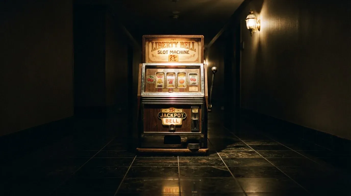 En gammal spelautomat lyser i den dunkla hallen och speglar sig i golvet — 100 free spins casino i sverige