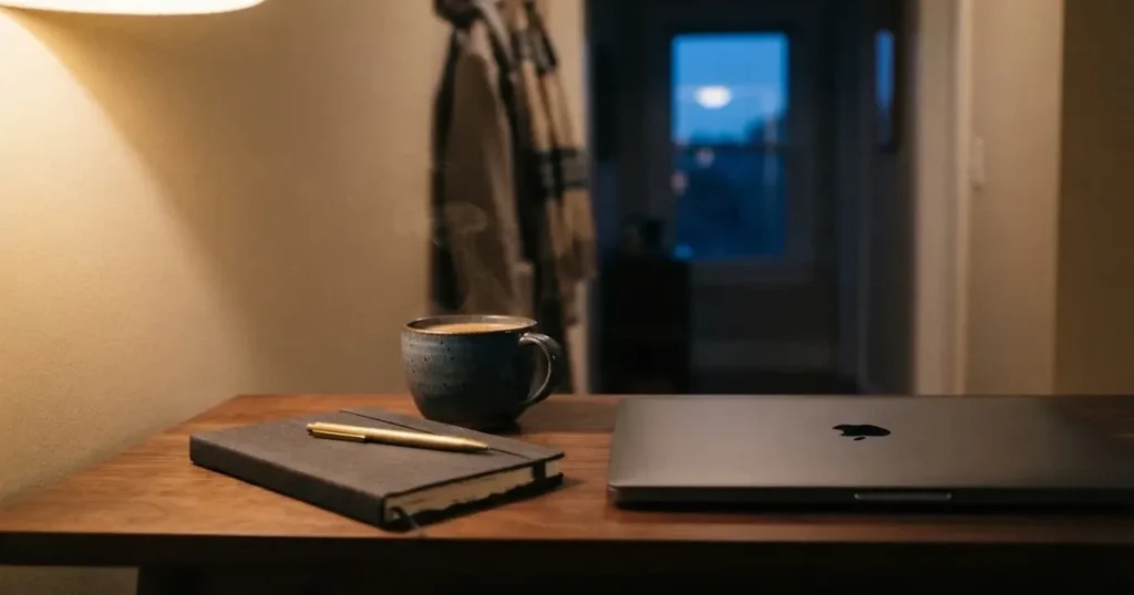 Kaffekopp och penna på ett smalt hallbord i skymning, en stängd bärbar dator vid sidan — 100 kr casino i sverige