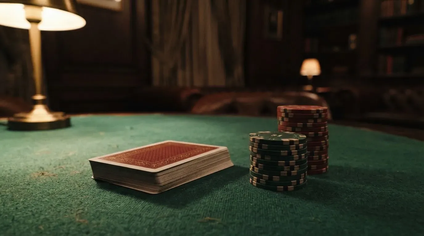 Kortlek och staplar av spelmarker på ett grönt filtbord i en dunkel salong, varmt lampsken — 150 free spins casino i sverige
