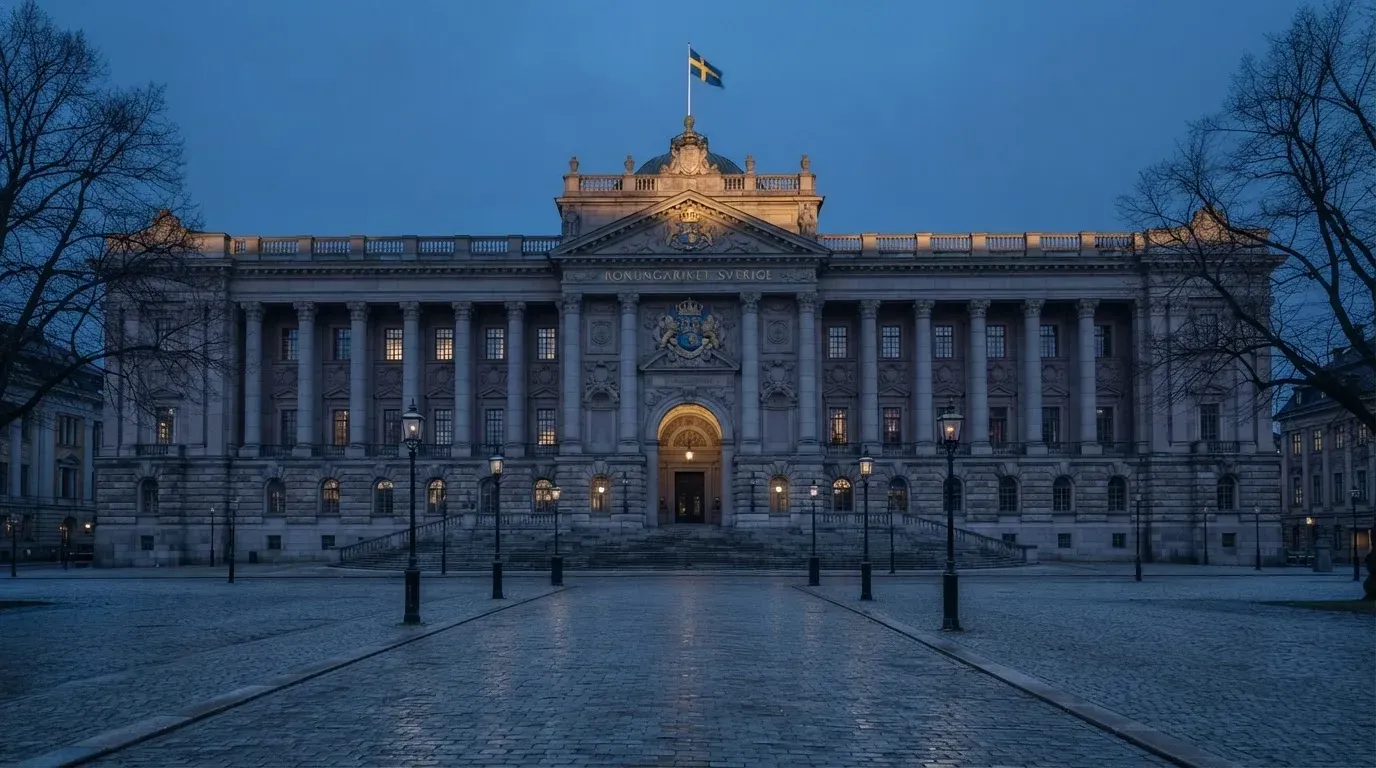 Stenfasad på en statlig byggnad i Stockholm vid gryning, höga pelare och ett tomt torg framför — 150 free spins casino i sverige