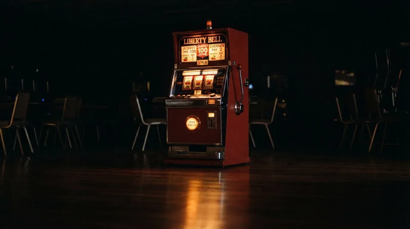 En gammal spelautomat lyser i den dunkla hallen och speglar sig i golvet — 150 kr casino i sverige