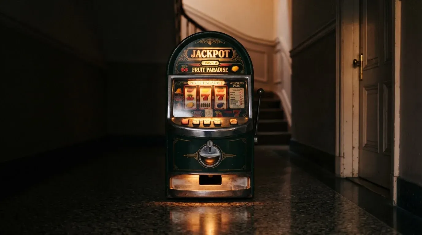 En gammal spelautomat lyser i den dunkla hallen och speglar sig i golvet — 20 euro casino i sverige