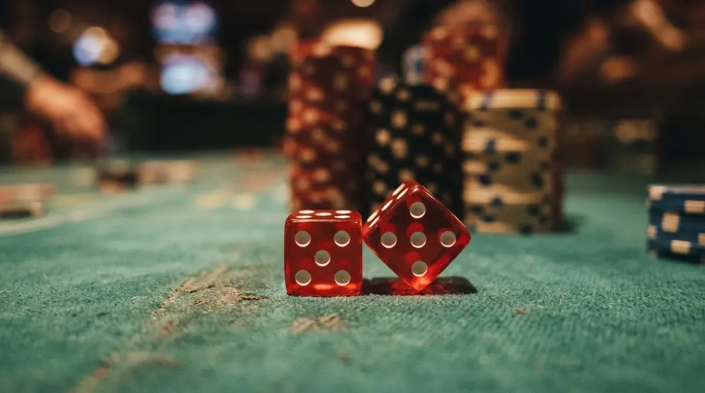 Röda tärningar vilar på grönt filt, bakom dem suddiga torn av spelmarker i kvällsdunklet — 20 free spins casino i sverige