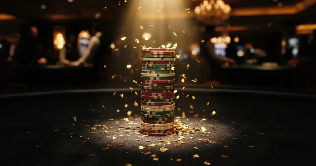 Guldkonfetti faller över spelmarker på ett svart bord, en ljuskägla träffar högens topp — 200 free spins casino i sverige