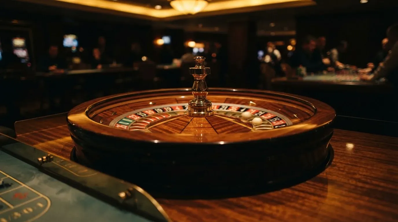 Ett roulettehjul snurrar på ett blankt träbord, den vita kulan glimmar i takljusets guld — 30 free spins casino i sverige