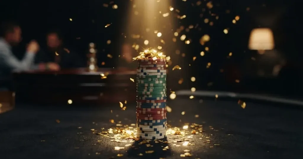 Guldkonfetti faller över spelmarker på ett svart bord, en ljuskägla träffar högens topp — 30 free spins casino i sverige