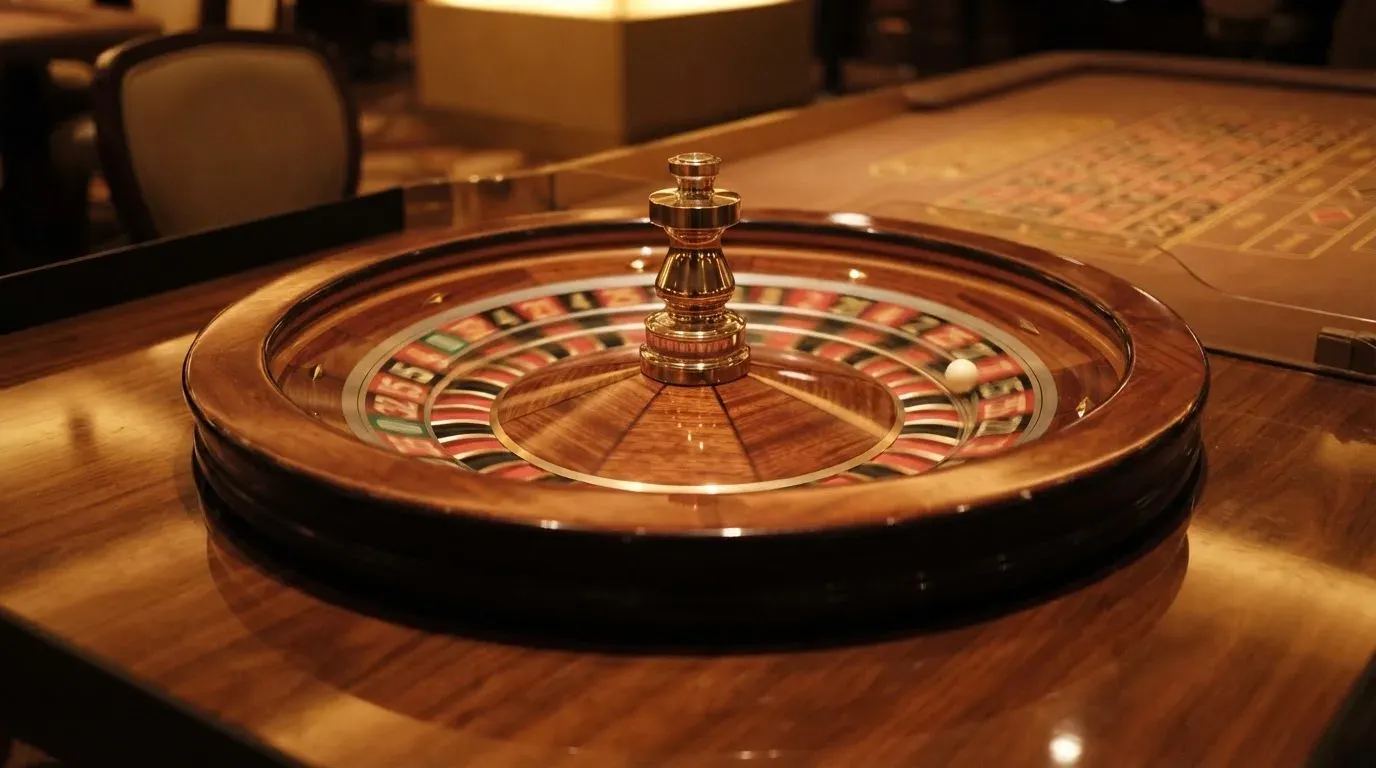 Ett roulettehjul snurrar på ett blankt träbord, den vita kulan glimmar i takljusets guld — 40 free spins casino i sverige