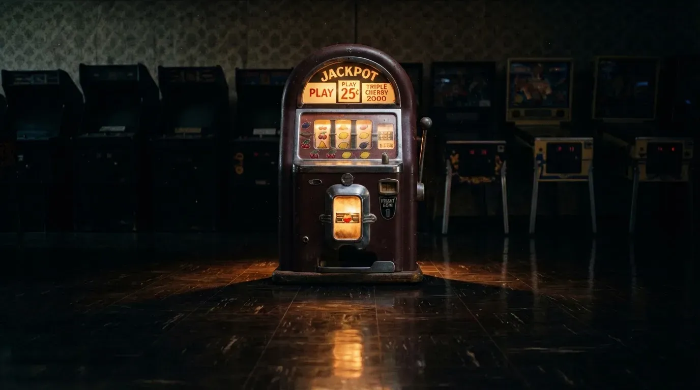 En gammal spelautomat lyser i den dunkla hallen och speglar sig i golvet — 5 euro casino i sverige
