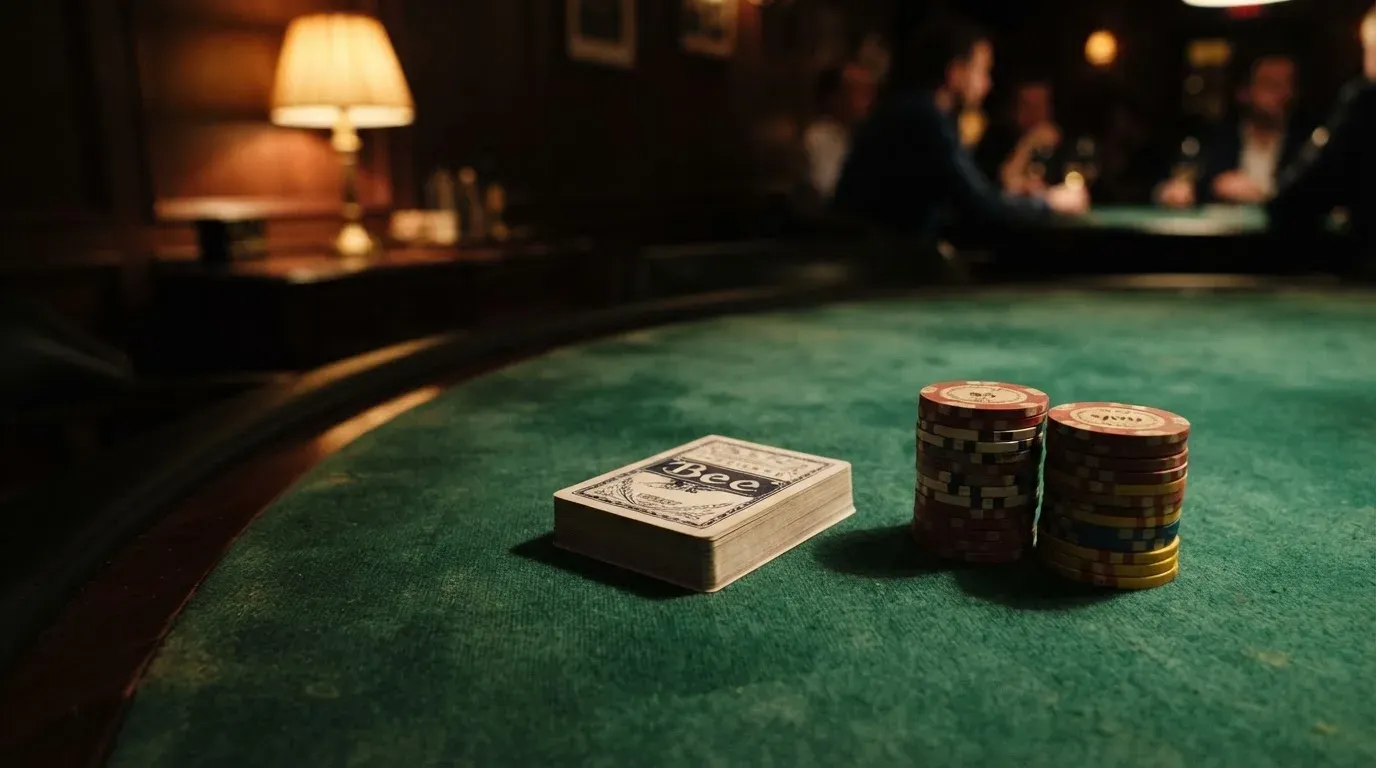 Kortlek och staplar av spelmarker på ett grönt filtbord i en dunkel salong, varmt lampsken — 50 euro casino i sverige