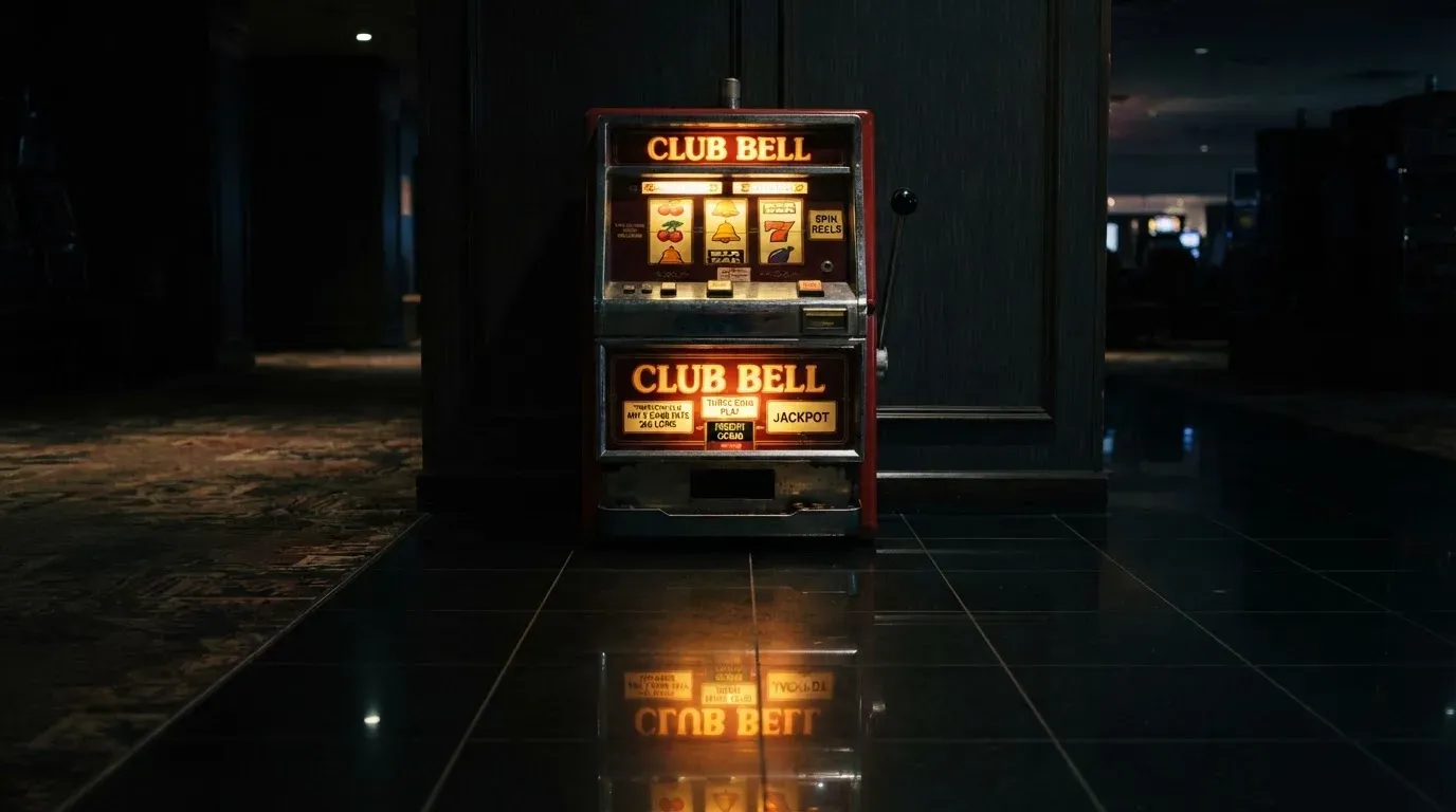 En gammal spelautomat lyser i den dunkla hallen och speglar sig i golvet — bästa kasino i sverige