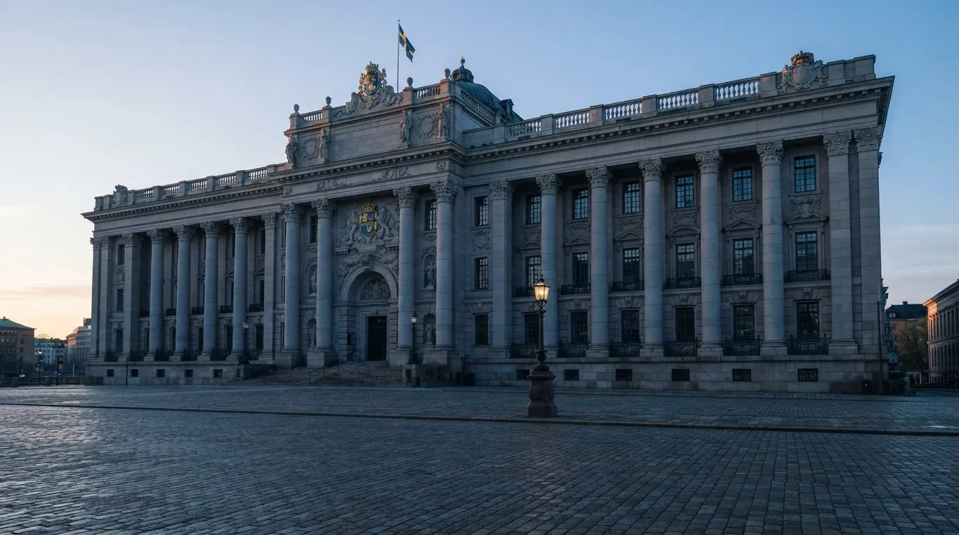 Stenfasad på en statlig byggnad i Stockholm vid gryning, höga pelare och ett tomt torg framför — bästa kasino i sverige