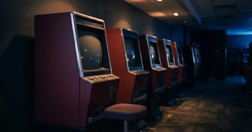 Rader av tomma spelautomater med släckta skärmar står uppställda i ett dimmat rum, fotograferat snett från sidan.