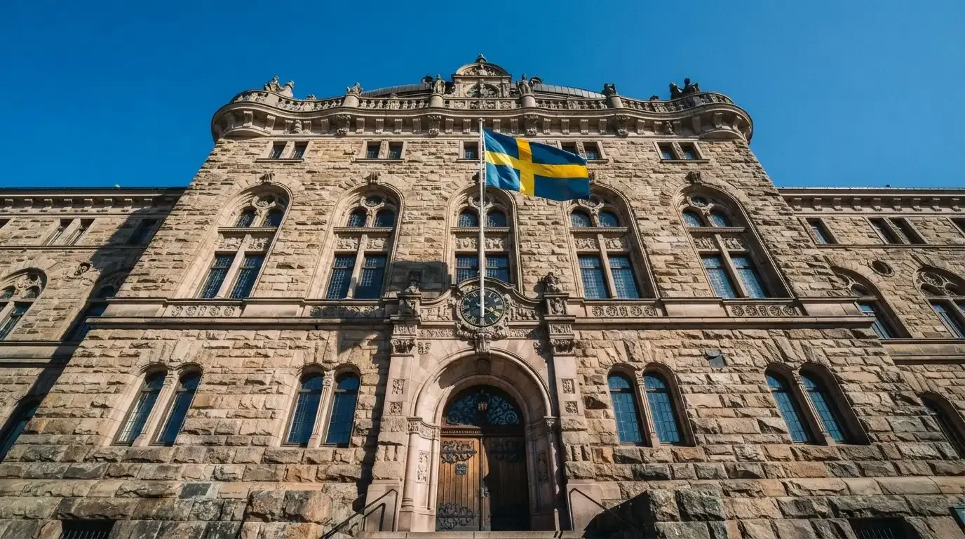 Ett gammalt stadshus i sten fotograferat underifrån mot en klarblå himmel, med den svenska flaggan som fladdrar ovanför entrén.