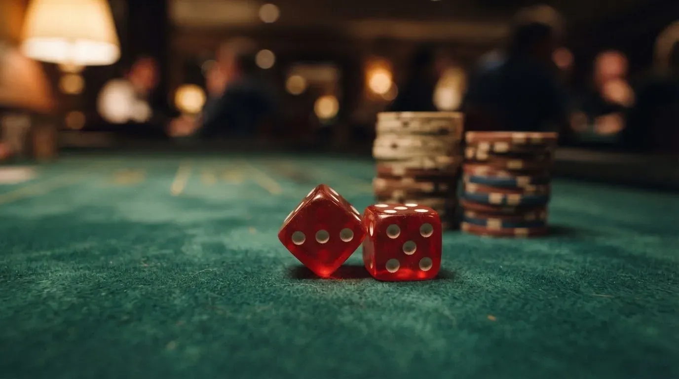 Röda tärningar vilar på grönt filt, bakom dem suddiga torn av spelmarker i kvällsdunklet — betala på casino i sverige