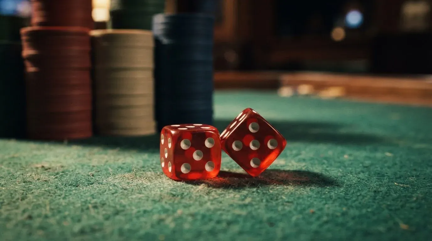 Röda tärningar vilar på grönt filt, bakom dem suddiga torn av spelmarker i kvällsdunklet — blackjack gratis i sverige