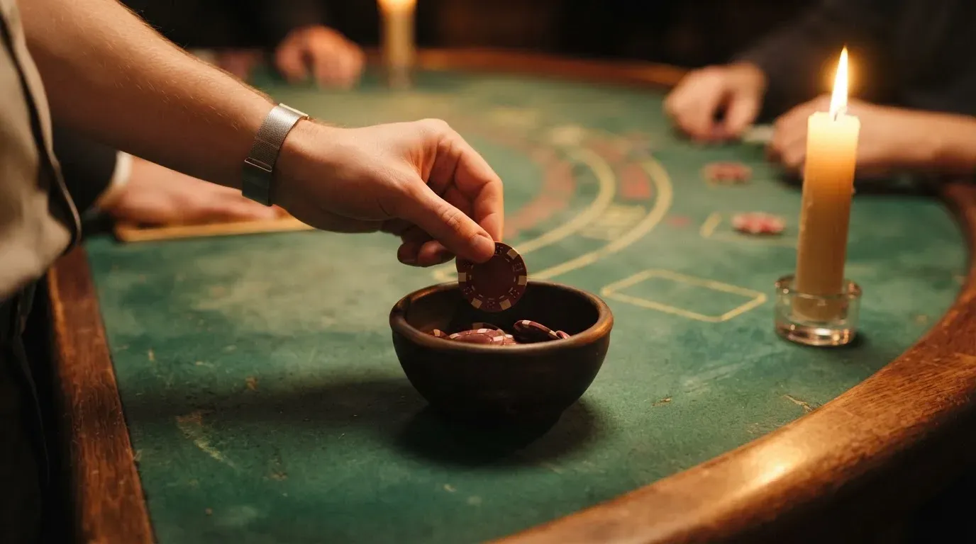 En hand lyfter en spelmark ur en skål, ljuslågan färgar bordet gyllenbrunt — blackjack med live dealer i sverige