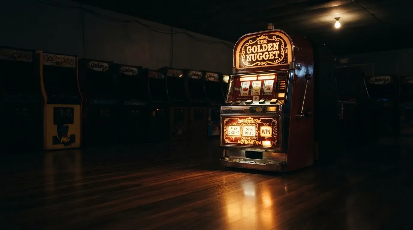 En gammal spelautomat lyser i den dunkla hallen och speglar sig i golvet — blackjack på nätet i sverige