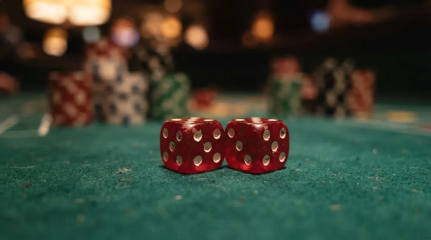 Röda tärningar vilar på grönt filt, bakom dem suddiga torn av spelmarker i kvällsdunklet — bra svenska casinon