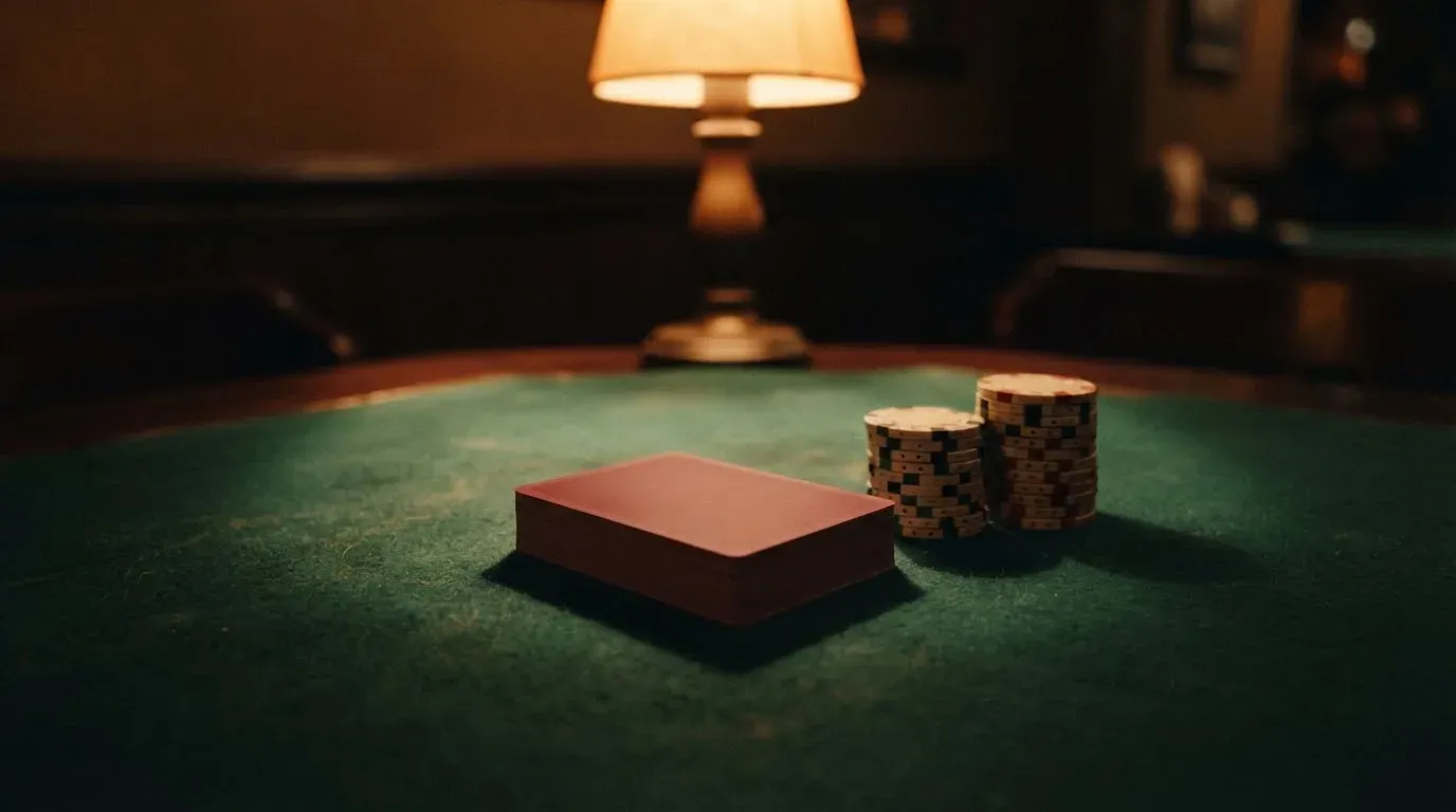 Kortlek och staplar av spelmarker på ett grönt filtbord i en dunkel salong, varmt lampsken — cashback på casino i sverige