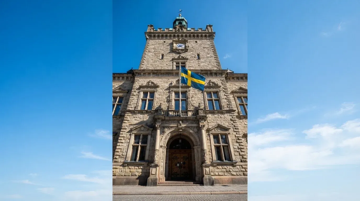 Ett gammalt stadshus i sten fotograferat underifrån mot en klarblå himmel, med den svenska flaggan som fladdrar ovanför entrén.