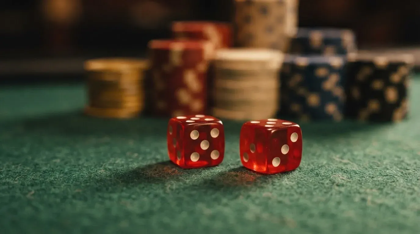 Röda tärningar vilar på grönt filt, bakom dem suddiga torn av spelmarker i kvällsdunklet — casino erbjudanden i sverige