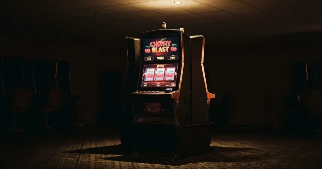 Rullarna på en spelautomat stannar i rad, klarröda körsbär lyser i den mörka spelhallen — casino erbjudanden i sverige