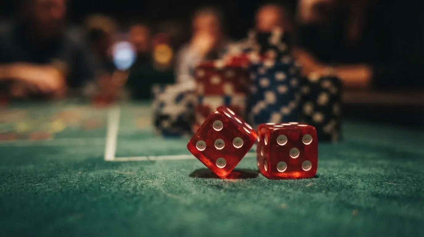 Röda tärningar vilar på grönt filt, bakom dem suddiga torn av spelmarker i kvällsdunklet — casino guider för svenskar