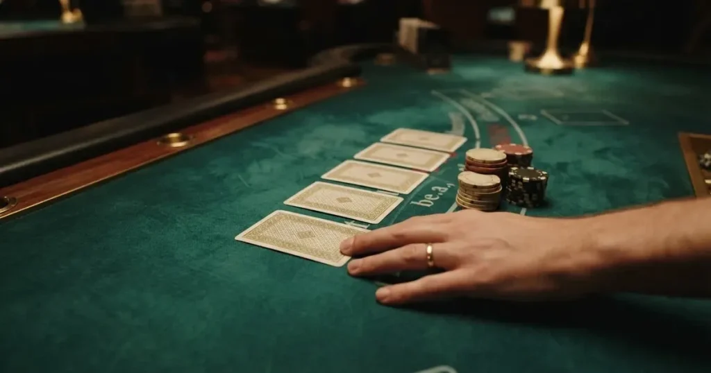 Kort delade med framsidan nedåt på grönt filt, marker väntar bredvid i varmt ljus — casino guider för svenskar