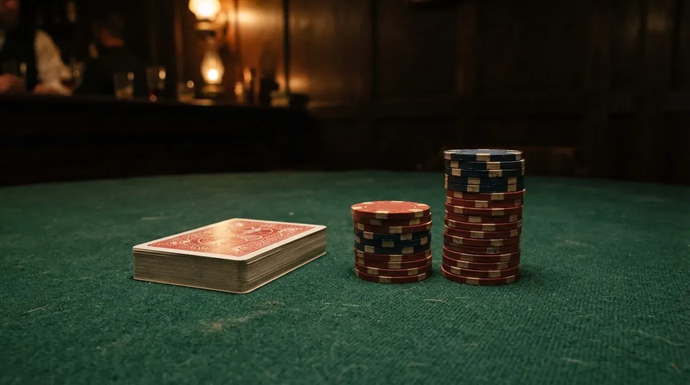 Kortlek och staplar av spelmarker på ett grönt filtbord i en dunkel salong, varmt lampsken — casinon med baccarat i sverige