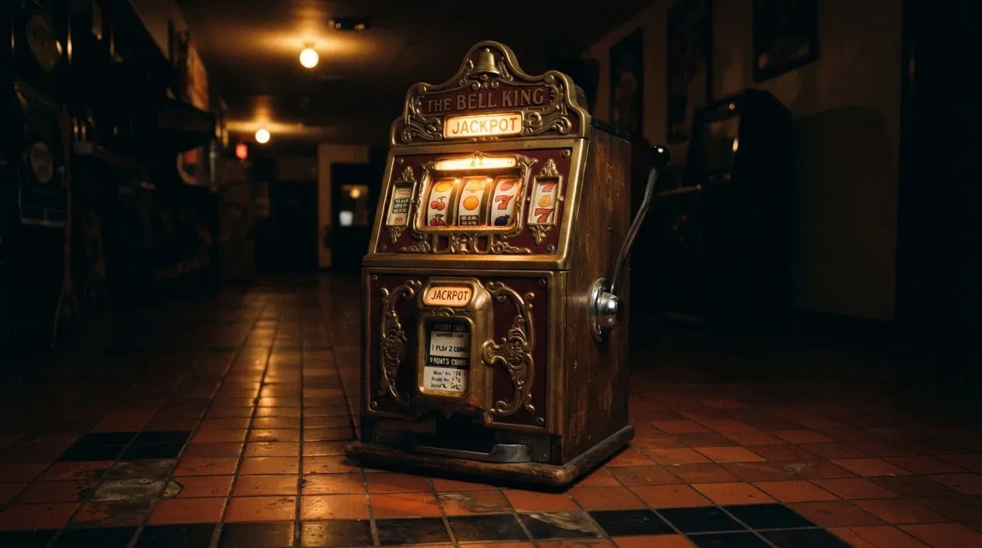 En gammal spelautomat lyser i den dunkla hallen och speglar sig i golvet — casinon med bankid i sverige