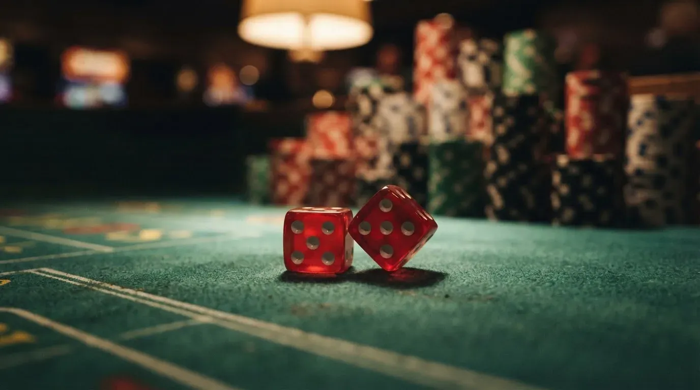 Röda tärningar vilar på grönt filt, bakom dem suddiga torn av spelmarker i kvällsdunklet — casinon med bingo i sverige