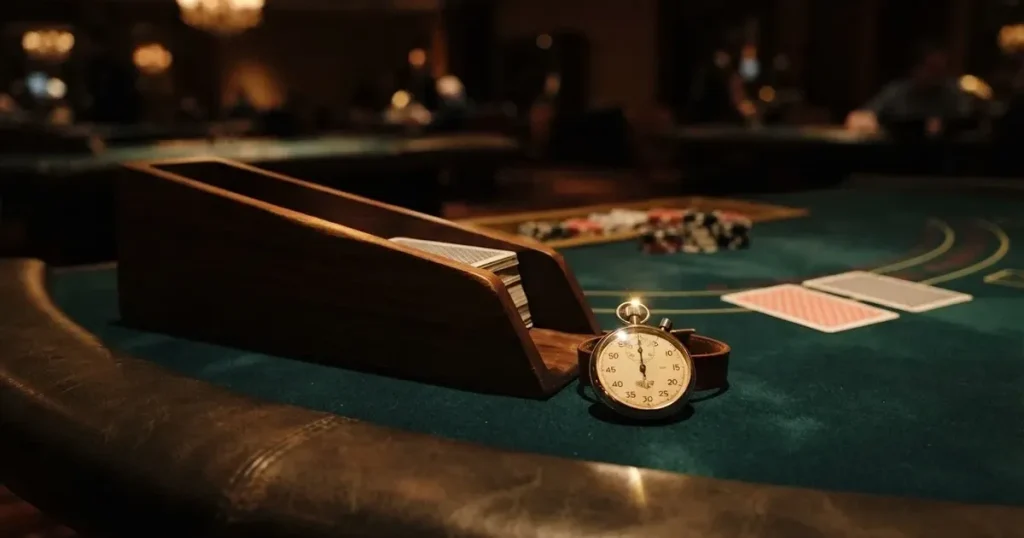 Grönt filt och en lång kortlåda av trä vid bordskanten, bredvid en blank mässingsklocka — casinon med blackjack i sverige