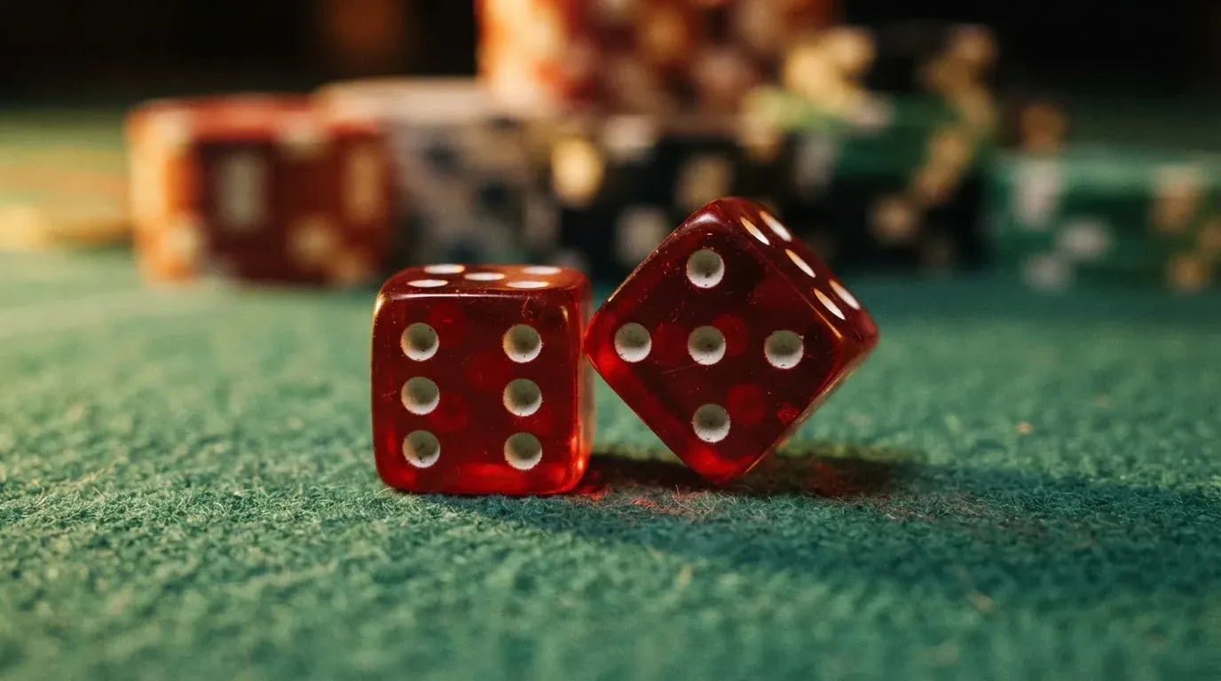 Röda tärningar vilar på grönt filt, bakom dem suddiga torn av spelmarker i kvällsdunklet — casinon med craps i sverige