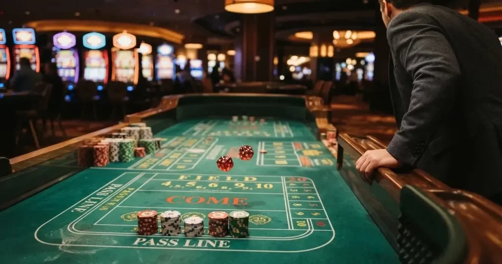 En rad spelskåp i en dunkel hall, rullarna lyser i olika färger och golvet speglar dem — casinon med craps i sverige
