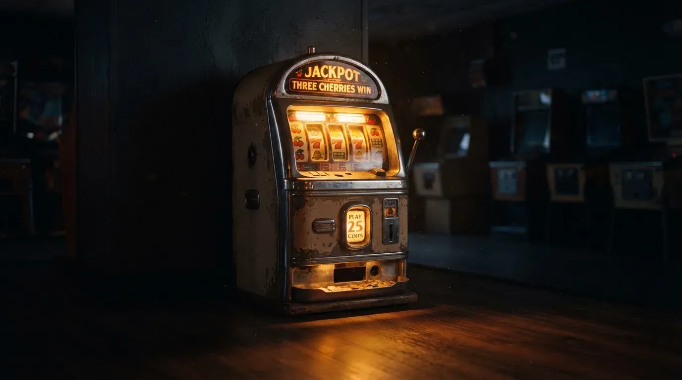 En gammal spelautomat lyser i den dunkla hallen och speglar sig i golvet — casinon med curaçao licens