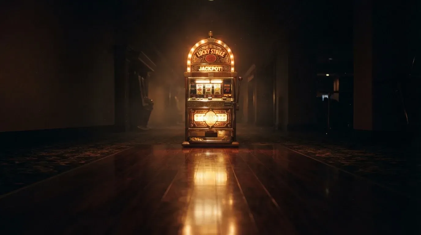 En gammal spelautomat lyser i den dunkla hallen och speglar sig i golvet — casinon med gratis spins i sverige