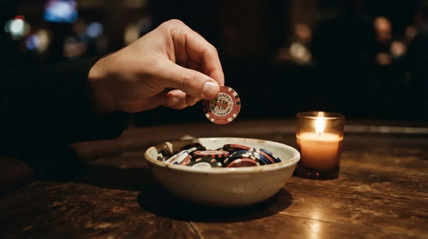 En hand lyfter en spelmark ur en skål, ljuslågan färgar bordet gyllenbrunt — casinon med gratissnurr