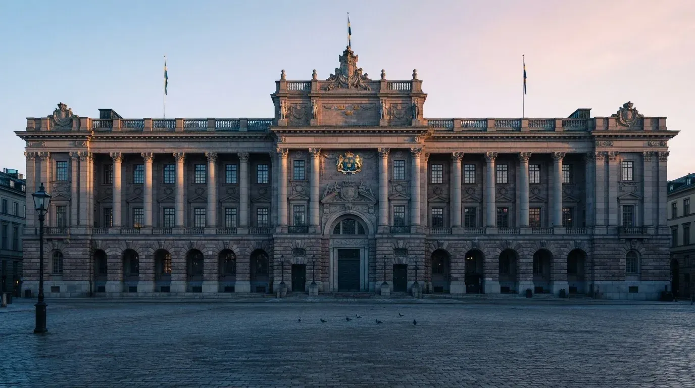 Stenfasad på en statlig byggnad i Stockholm vid gryning, höga pelare och ett tomt torg framför — casinon med gratissnurr