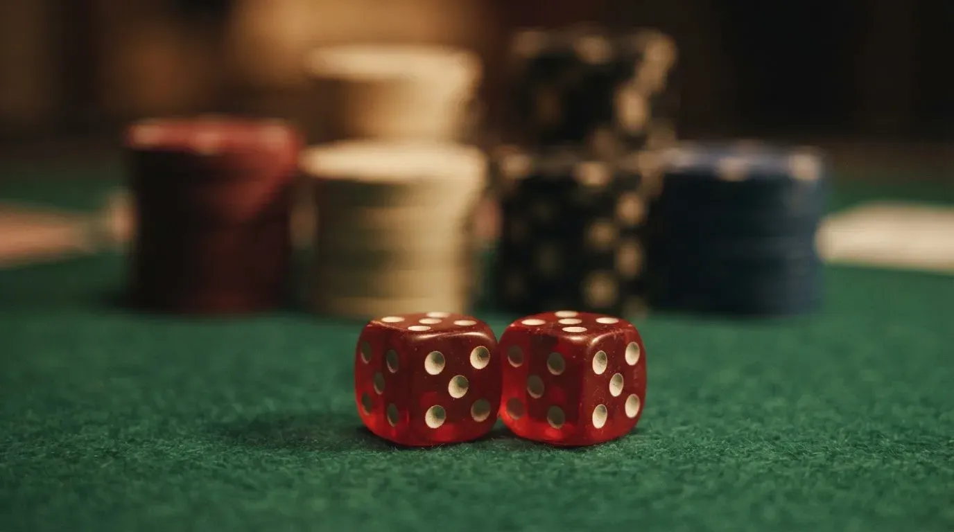 Röda tärningar vilar på grönt filt, bakom dem suddiga torn av spelmarker i kvällsdunklet — casinon med jackpot i sverige