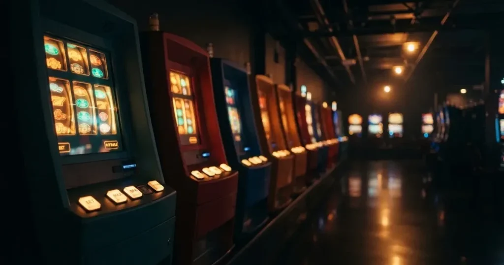 En rad spelskåp i en dunkel hall, rullarna lyser i olika färger och golvet speglar dem — casinon med jackpot i sverige