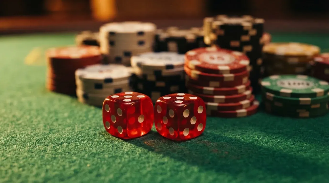 Röda tärningar vilar på grönt filt, bakom dem suddiga torn av spelmarker i kvällsdunklet — casinon med låg insättning