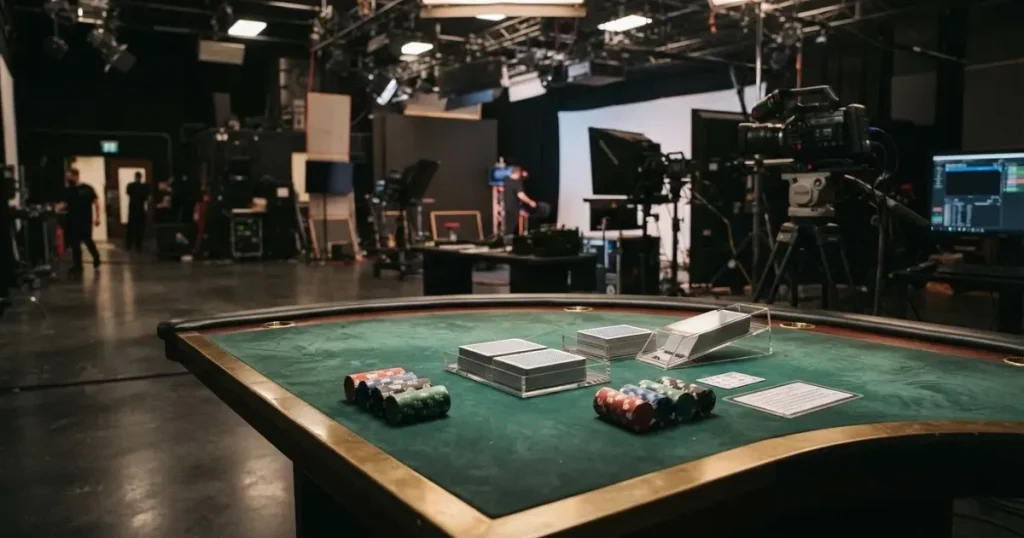 En studiomiljö med ett tomt spelbord täckt i grön filt, kortlekar och marker prydligt uppradade i mjuk belysning.