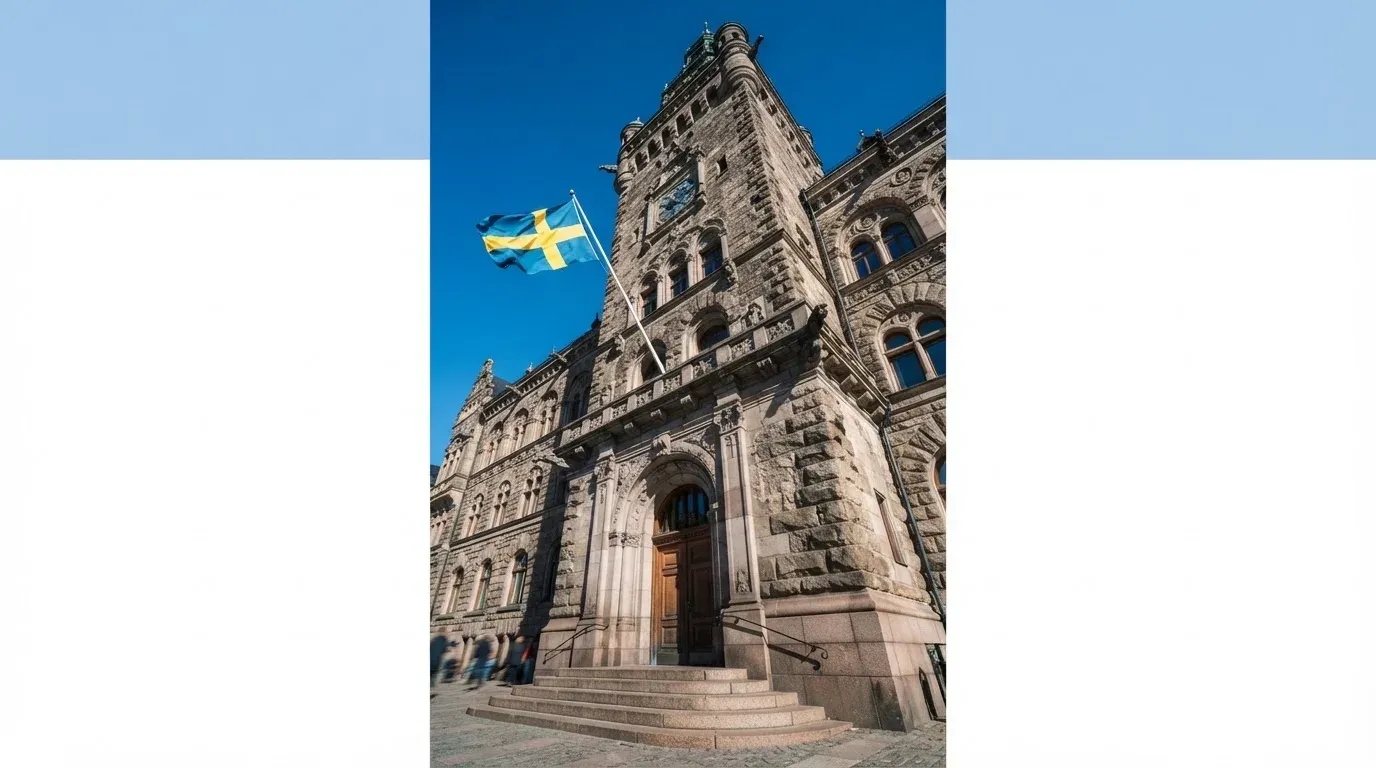 Ett gammalt stadshus i sten fotograferat underifrån mot en klarblå himmel, med den svenska flaggan som fladdrar ovanför entrén.