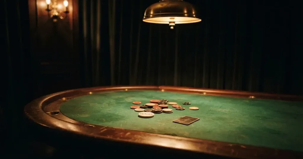 Ett ovalt pokerbord under en lågt hängande lampa, med spelmarker och en vit bricka i ljuset — casinon med roulette i sverige