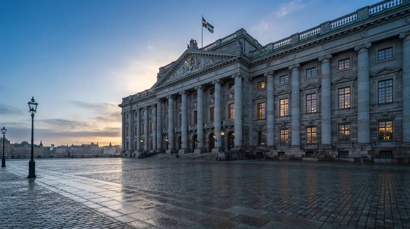 Stenfasad på en statlig byggnad i Stockholm vid gryning, höga pelare och ett tomt torg framför — casinon med roulette i sverige